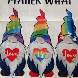 Gnome Rainbow/Gay Pride Mini Garden Flag Size L 18.5" X W 12.5" Faux Burlap